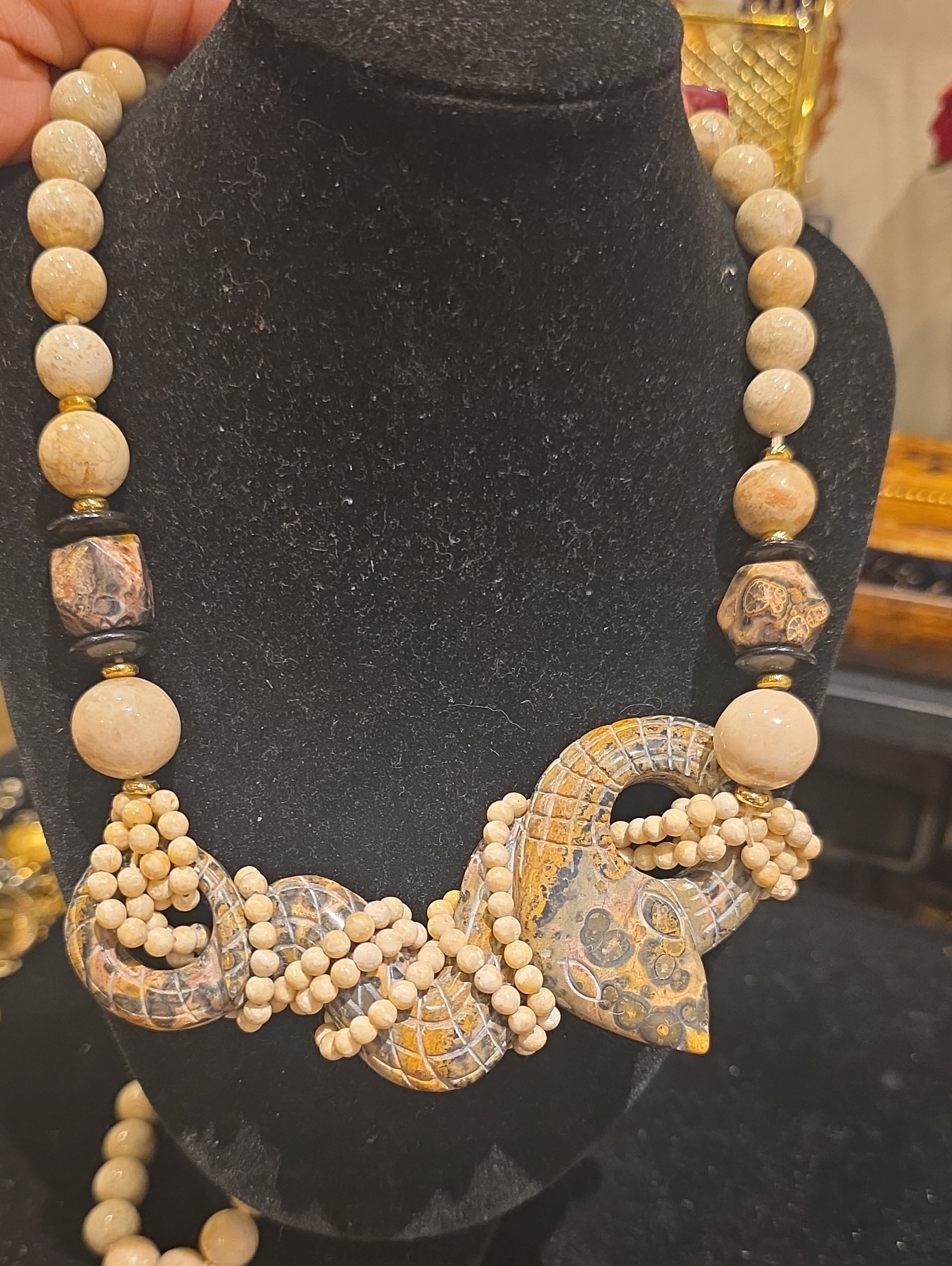 Vintage Beige And Cream Carved Beaded Statement Necklace - Vintage